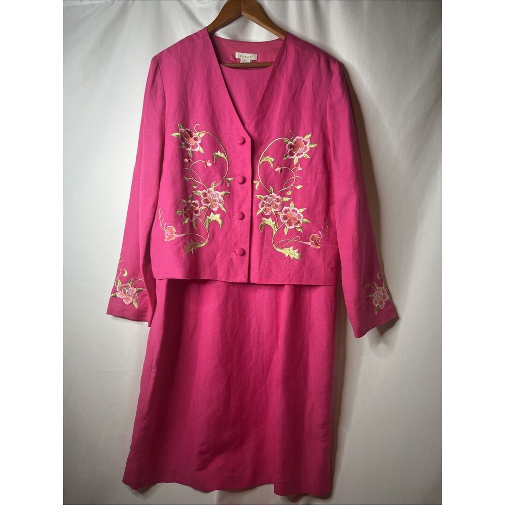 Kenar‎ Hot Pink Dress 16  Jacket Blazer Suit Embroidery Linen Rayon 2 Pcs